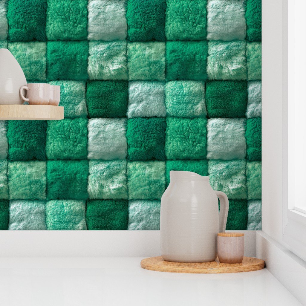 Large Jade and Seafoam Faux Fur Patchwork Fabric – Luxurious Plush Texture Wallpaper