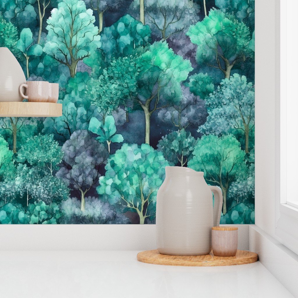 Endless Forest Watercolor – Emerald Mist Wallpaper
