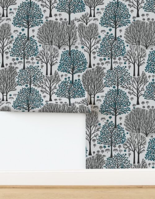 New England Endless Forest Bare Trees in Teal and Winter Gray Wallpaper