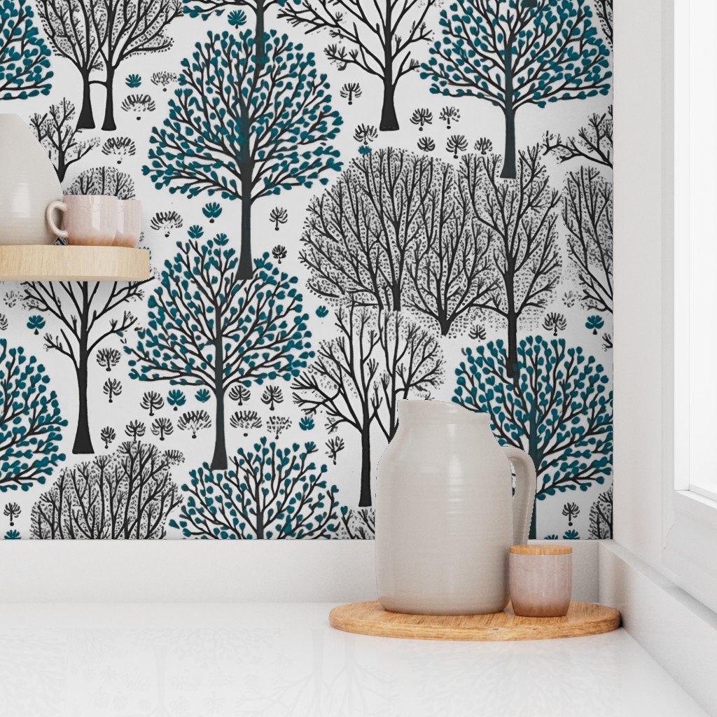New England Endless Forest Bare Trees in Teal and Winter Gray Wallpaper