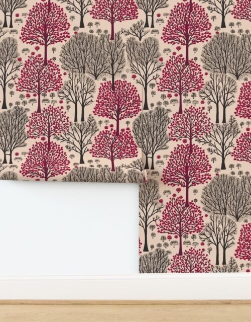 New England Endless Forest Trees in Burgundy and Winter Gray on Light Beige Wallpaper