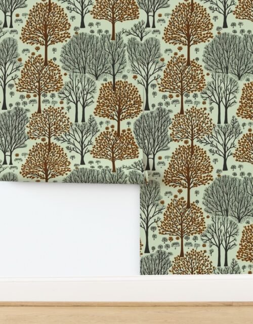 New England Endless Forest Trees Warm Brown and Winter Gray on Pale Green Wallpaper