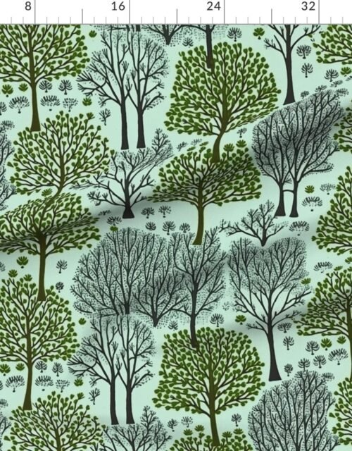 New England Endless Forest Trees in Forest Green and Winter Gray on Mint