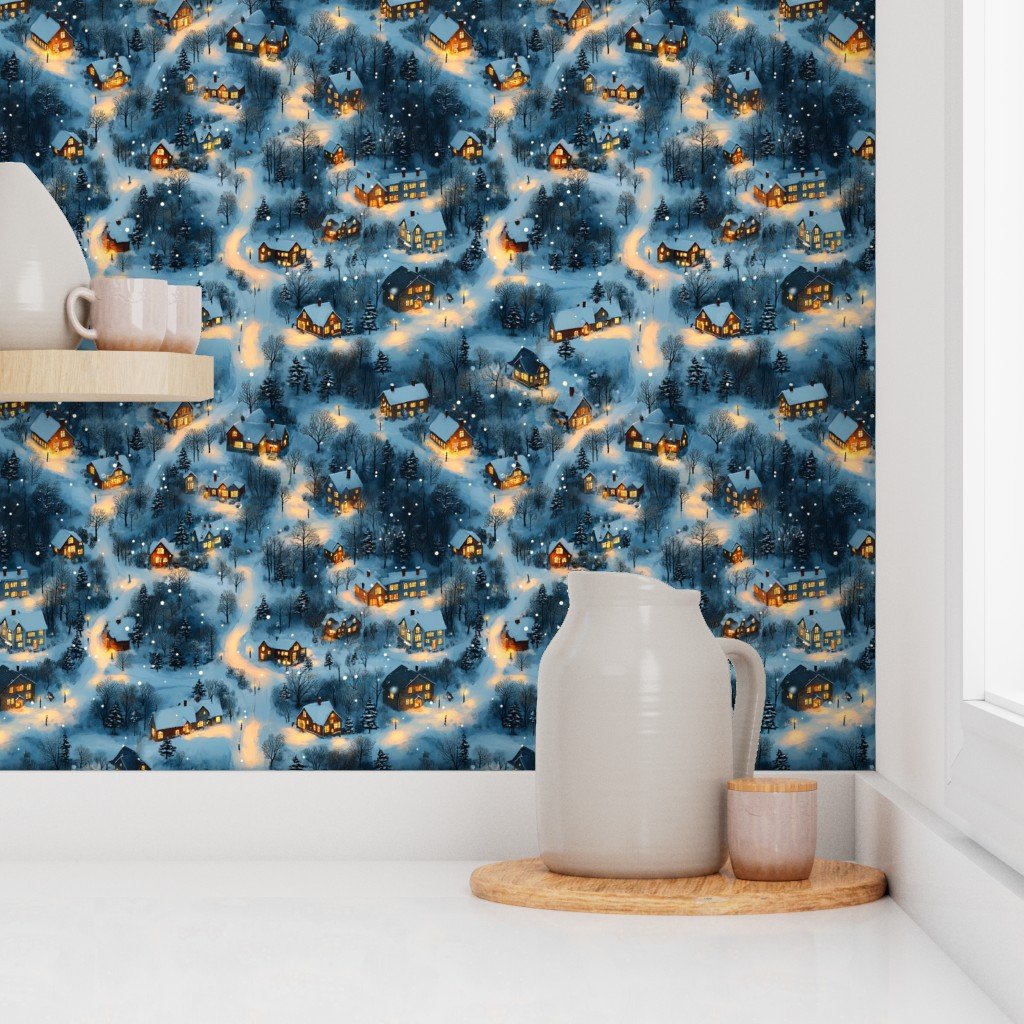 Whimsical Maine Christmas Village Blanketed In Snow At Night Wallpaper