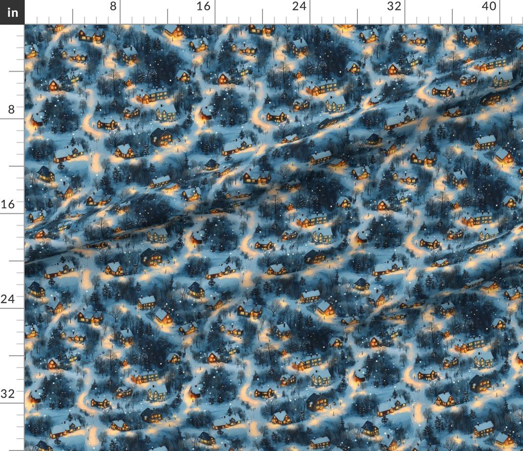 Fabric in Whimsical Maine Christmas Village Blanketed In Snow At Night Fabric Fabric in Whimsical Maine Christmas Village Blanketed In Snow At Night Fabric