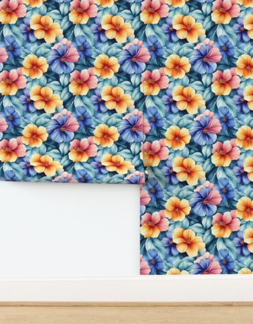 Vintage Hawaiian Watercolor with Bright Orange and Blue Hibiscus Blooms Wallpaper