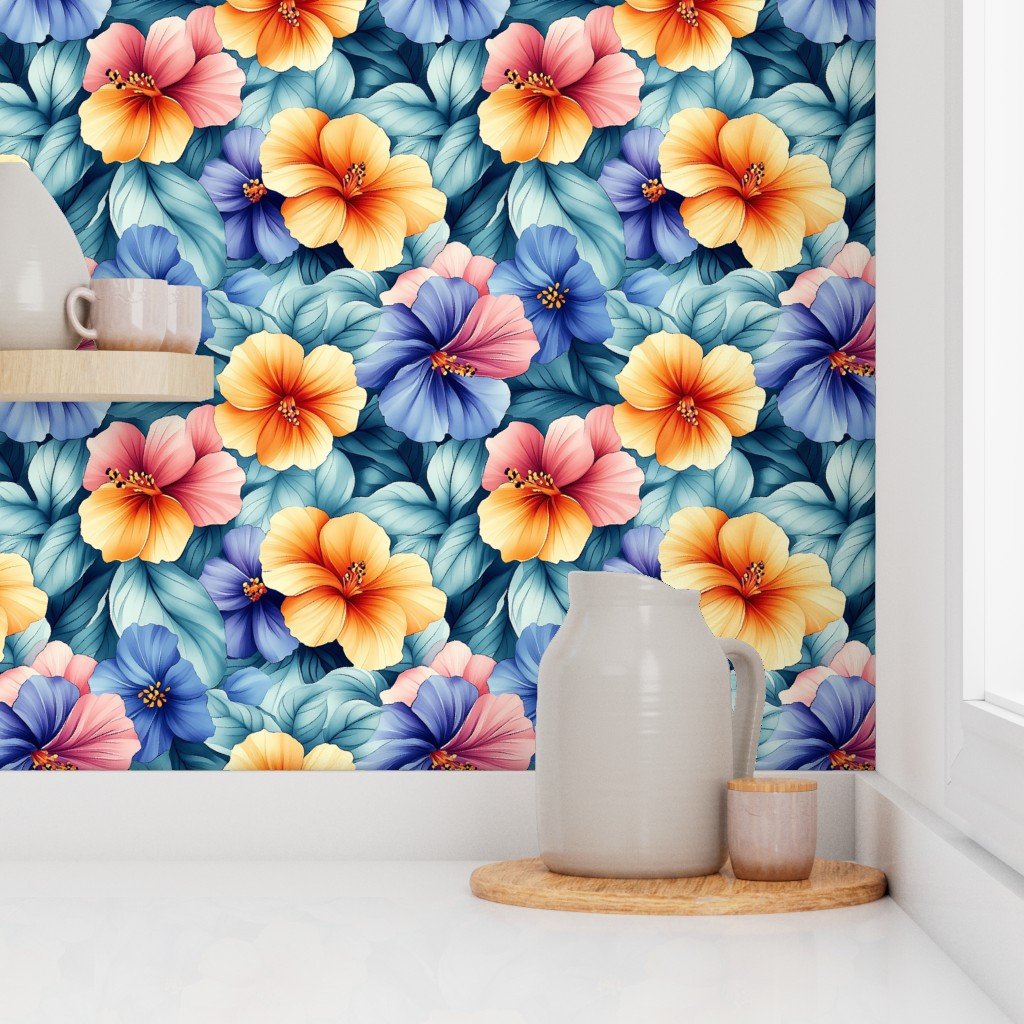 Vintage Hawaiian Watercolor with Bright Orange and Blue Hibiscus Blooms Wallpaper