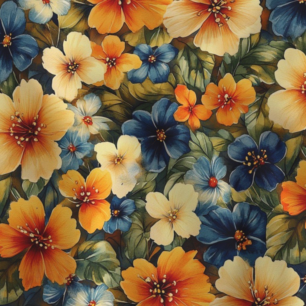 Vintage Hawaiian Floral Watercolor with Bold Orange and Blue Hibiscus