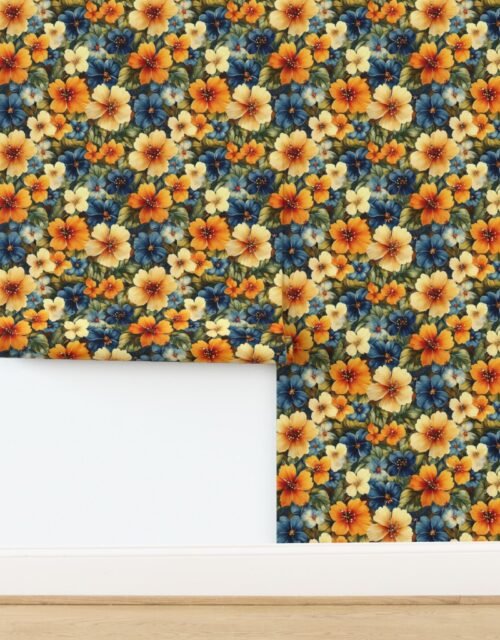 Vintage Hawaiian Floral Watercolor with Bold Orange and Blue Hibiscus Wallpaper
