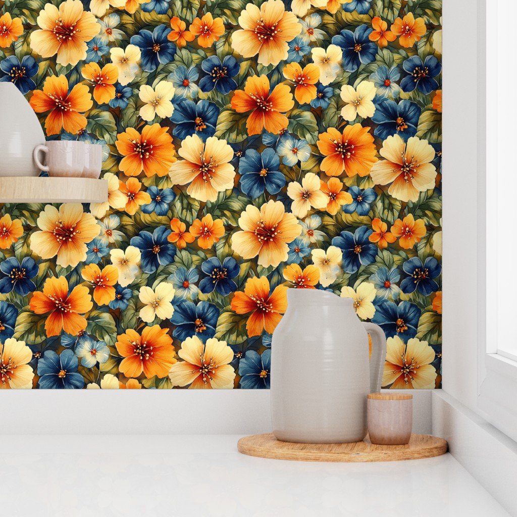 Vintage Hawaiian Floral Watercolor with Bold Orange and Blue Hibiscus Wallpaper
