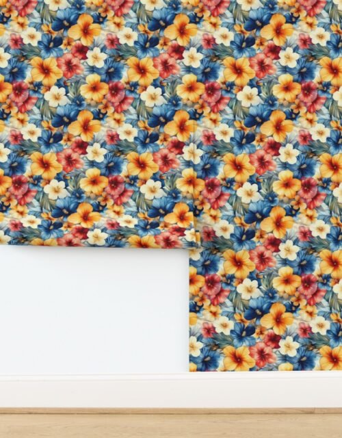 Vintage Hawaiian Floral Watercolor with Red Orange and Blue Hibiscus Wallpaper