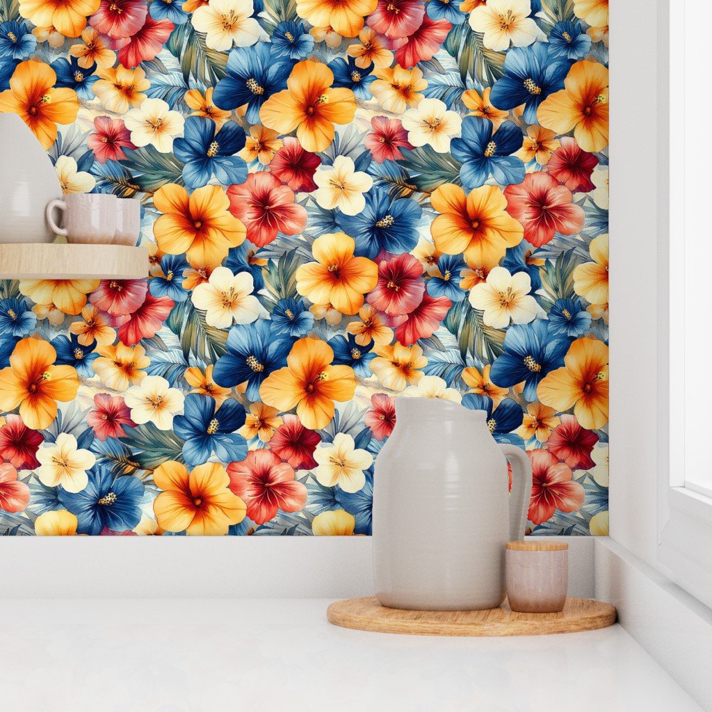 Vintage Hawaiian Floral Watercolor with Red Orange and Blue Hibiscus Wallpaper