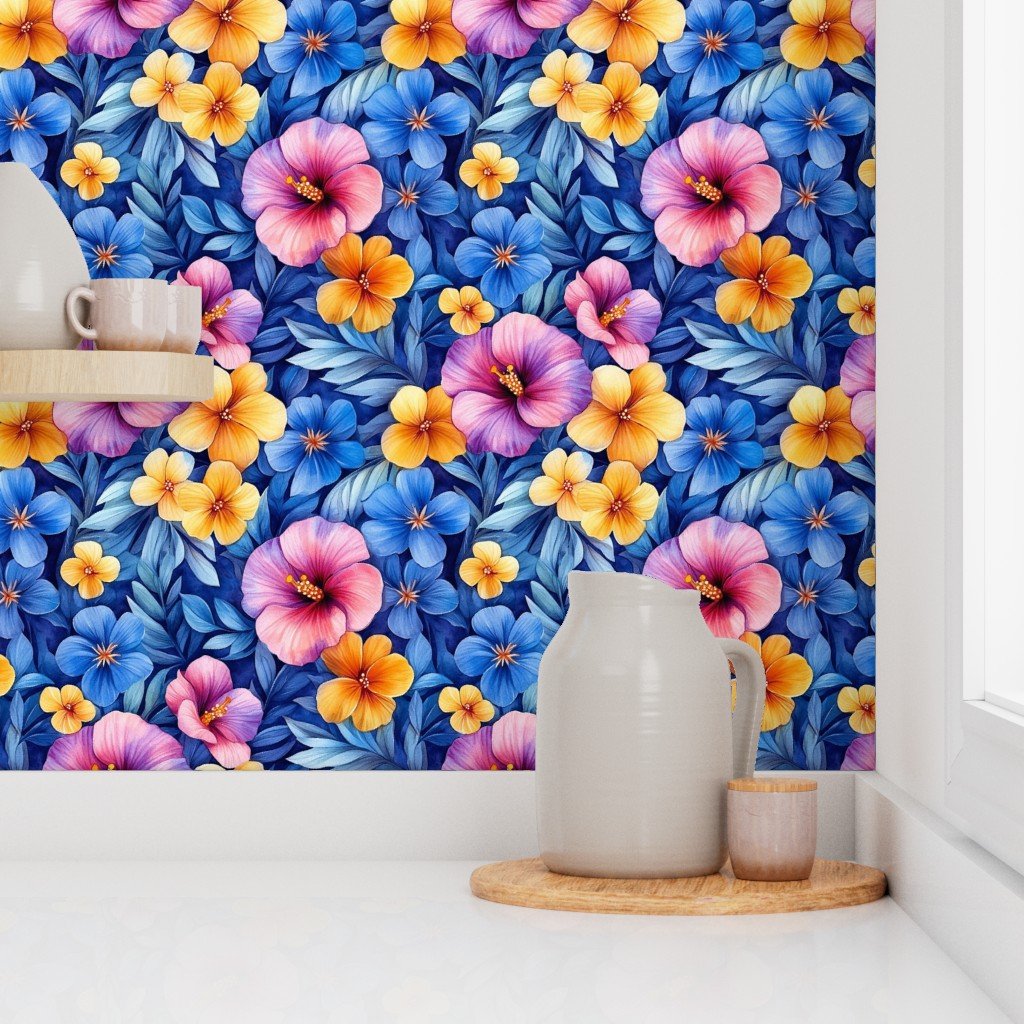 Vintage Hawaiian Watercolor with Pink Yellow and Blue Hibiscus Wallpaper