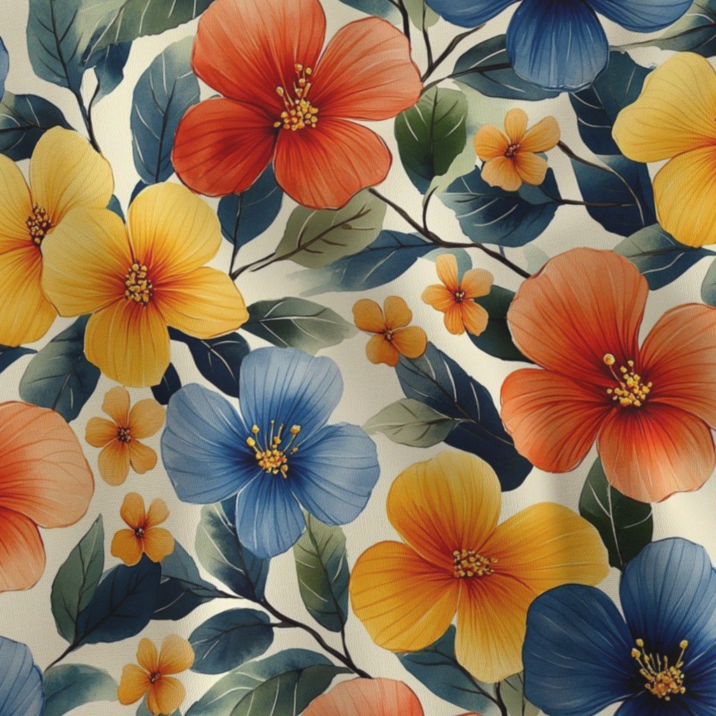 Vintage Hawaiian Floral Watercolor Yellow Red Blue Hibiscus on Cream