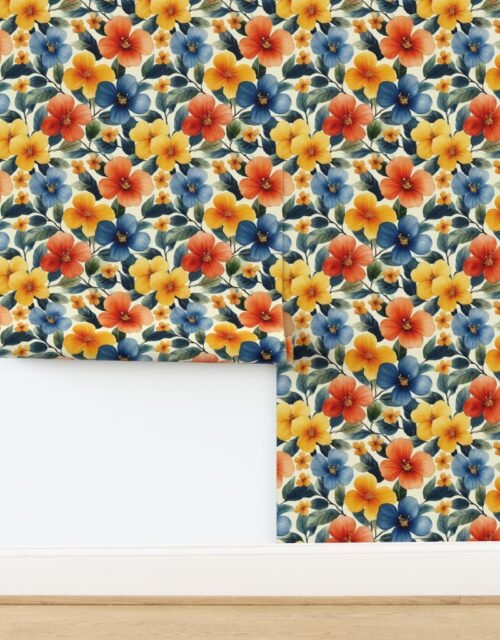 Vintage Hawaiian Floral Watercolor Yellow Red Blue Hibiscus on Cream Wallpaper