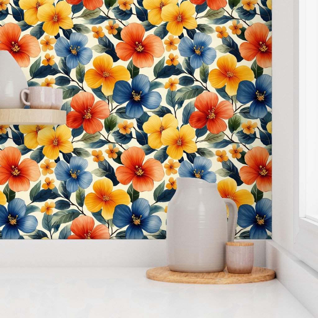 Vintage Hawaiian Floral Watercolor Yellow Red Blue Hibiscus on Cream Wallpaper