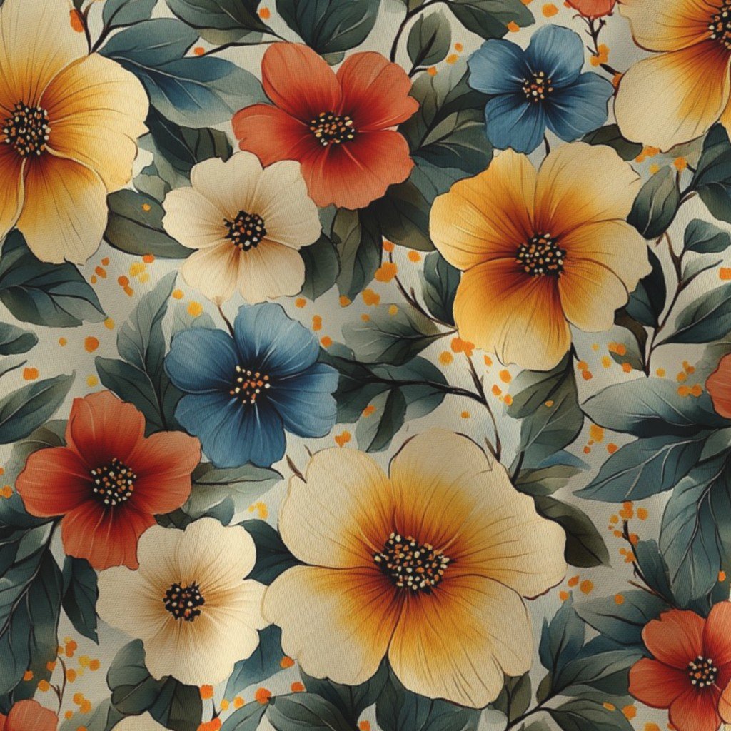 Vintage Hawaiian Floral Watercolor with Warm Yellow Red and Blue Hibiscus