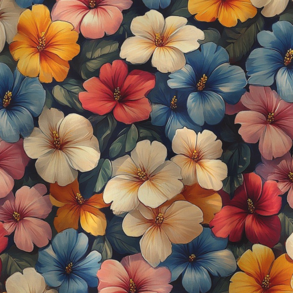 Vintage Hawaiian Floral Watercolor with Cream Red and Blue Hibiscus Blooms