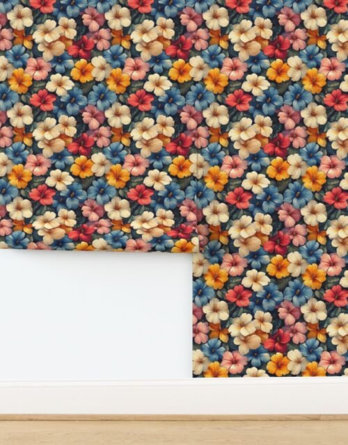 Vintage Hawaiian Floral Watercolor with Cream Red and Blue Hibiscus Blooms Wallpaper