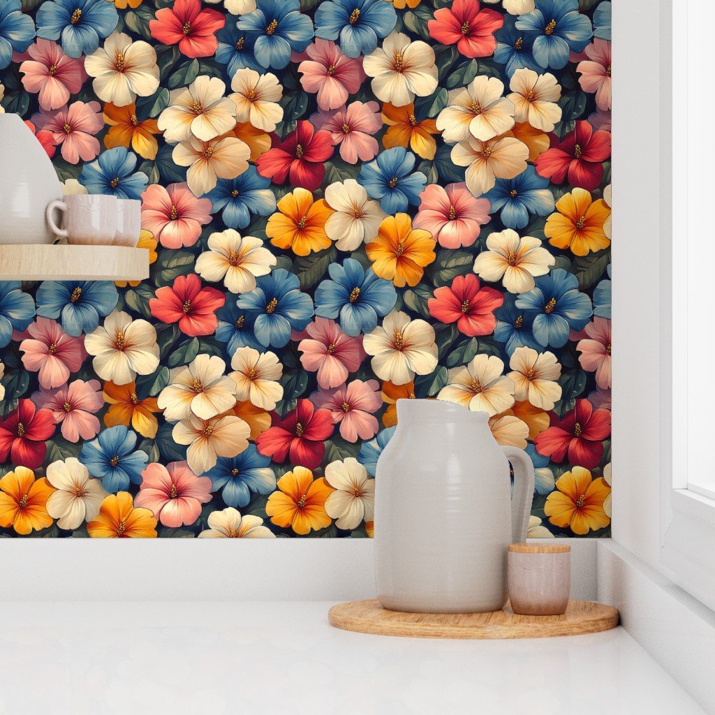 Vintage Hawaiian Floral Watercolor with Cream Red and Blue Hibiscus Blooms Wallpaper