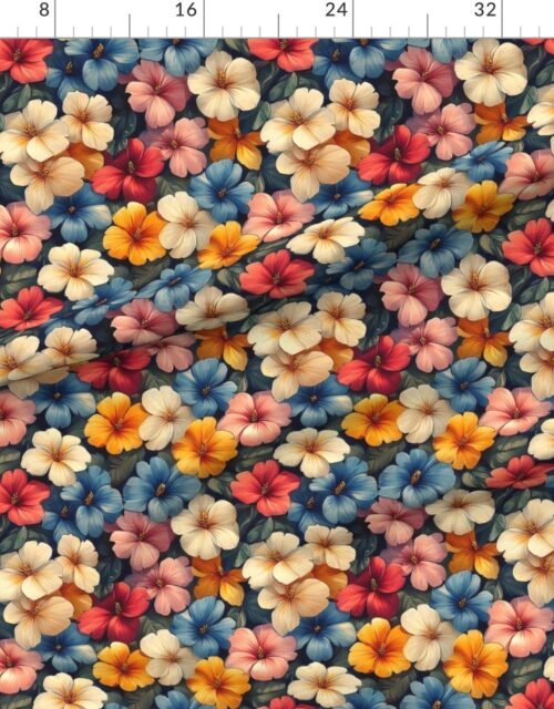 Vintage Hawaiian Floral Watercolor with Cream Red and Blue Hibiscus Blooms