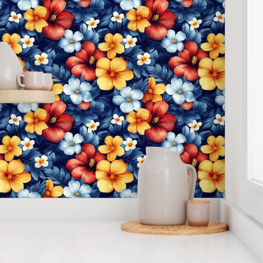 Vintage Hawaiian Watercolor with Red Yellow and Blue Hibiscus on Deep Navy Wallpaper