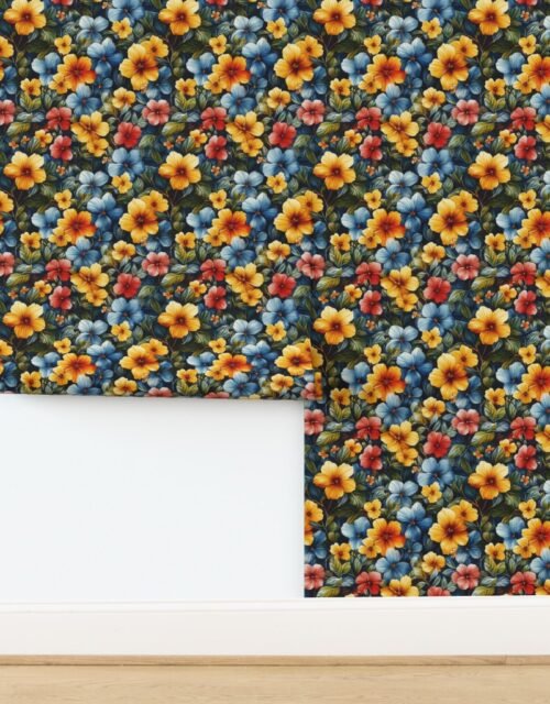 Vintage Hawaiian Floral Watercolor with Yellow Blue and Red Hibiscus Wallpaper