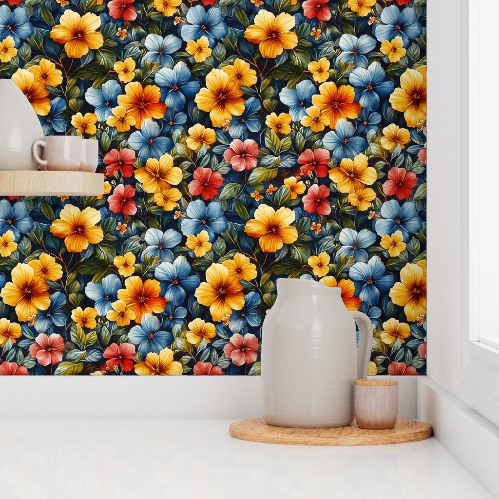 Vintage Hawaiian Floral Watercolor with Yellow Blue and Red Hibiscus Wallpaper