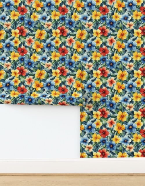 Vintage Hawaiian Floral Watercolor with Red Blue and Yellow Hibiscus Wallpaper