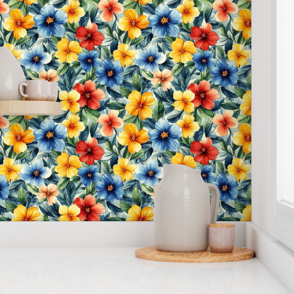 Vintage Hawaiian Floral Watercolor with Red Blue and Yellow Hibiscus Wallpaper