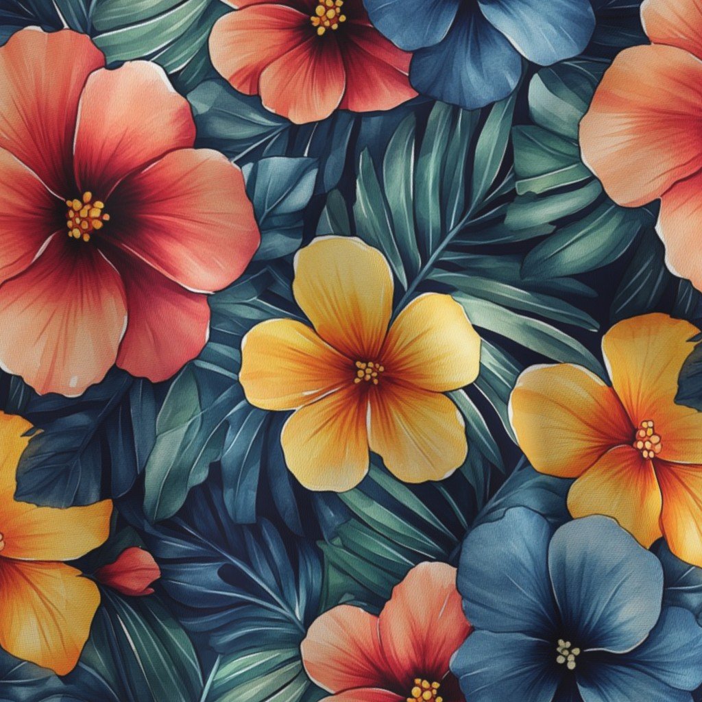 Vintage Hawaiian Floral Watercolor with Red Yellow and Blue Hibiscus