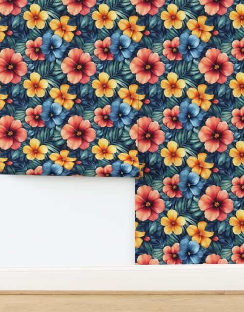 Vintage Hawaiian Floral Watercolor with Red Yellow and Blue Hibiscus Wallpaper