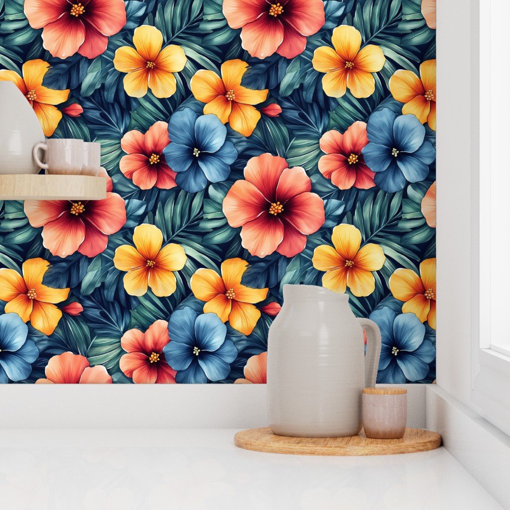 Vintage Hawaiian Floral Watercolor with Red Yellow and Blue Hibiscus Wallpaper