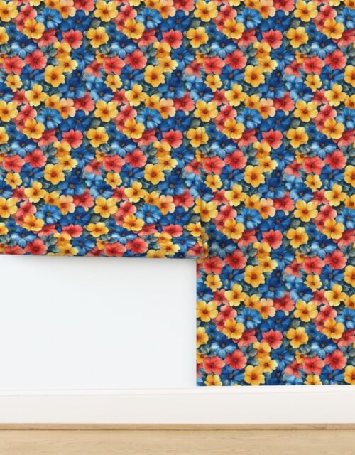 Vintage Hawaiian Floral Watercolor with Blue Yellow and Coral Hibiscus Wallpaper