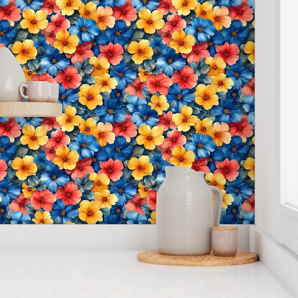 Vintage Hawaiian Floral Watercolor with Blue Yellow and Coral Hibiscus Wallpaper
