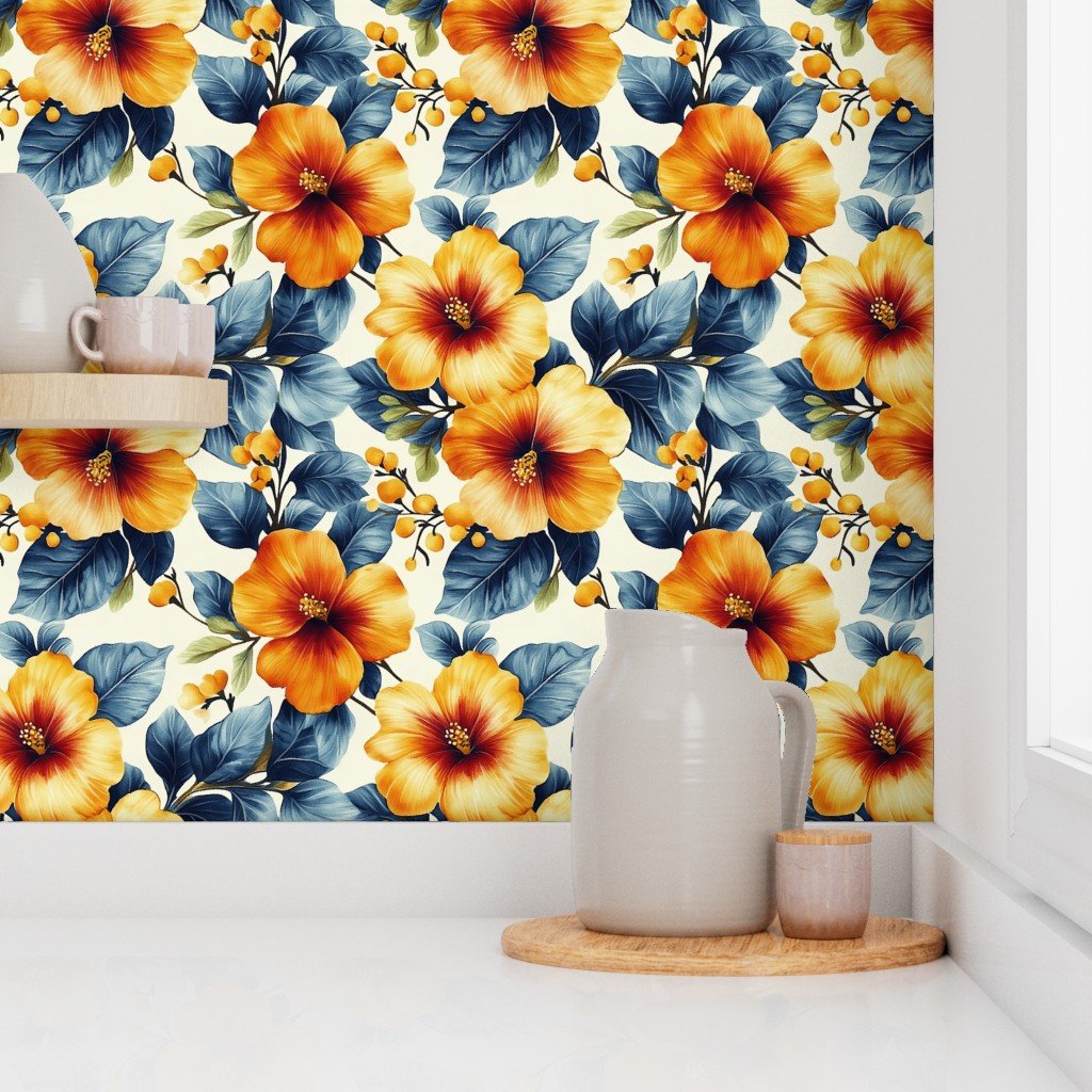 Hawaiian Floral Watercolor with Orange Hibiscus and Blue Leaves on Cream Wallpaper