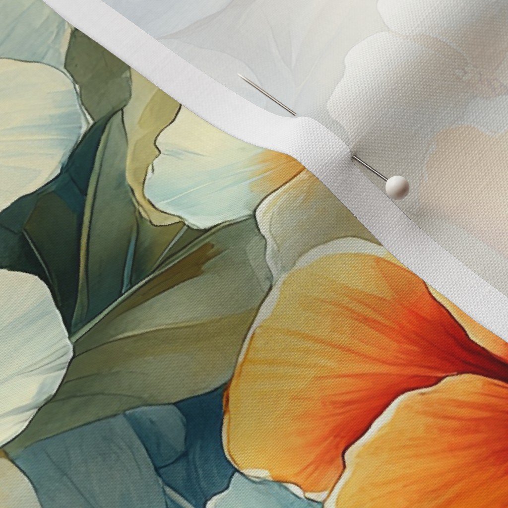 Fabric in Vintage Hawaiian Floral Watercolor with Orange Cream and Blue Hibiscus Fabric Fabric in Vintage Hawaiian Floral Watercolor with Orange Cream and Blue Hibiscus Fabric - Image 3