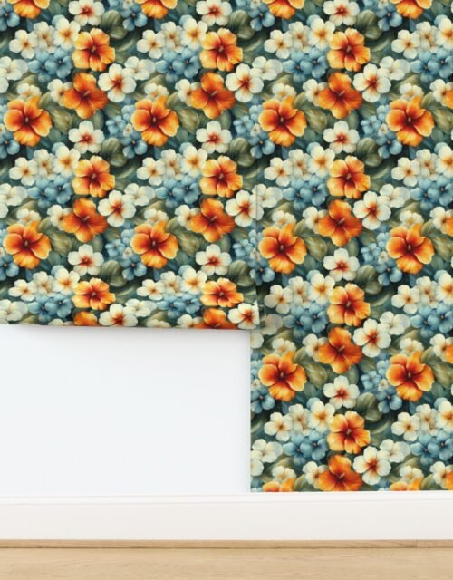 Vintage Hawaiian Floral Watercolor with Orange Cream and Blue Hibiscus Wallpaper