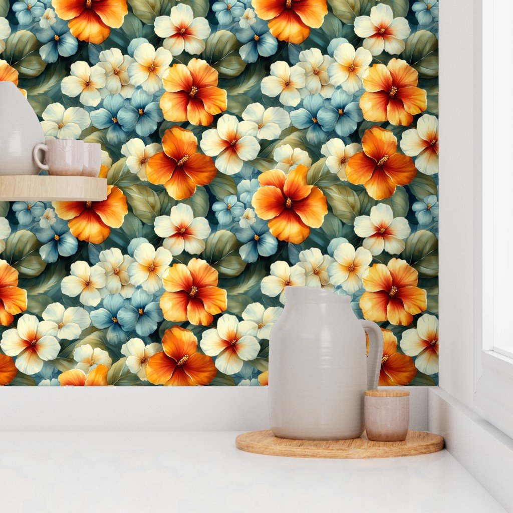 Vintage Hawaiian Floral Watercolor with Orange Cream and Blue Hibiscus Wallpaper