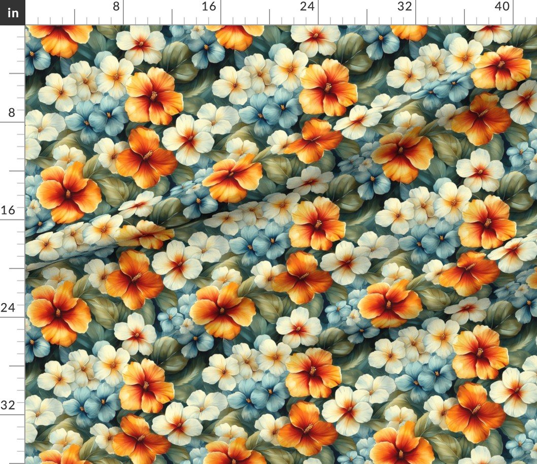 Fabric in Vintage Hawaiian Floral Watercolor with Orange Cream and Blue Hibiscus Fabric Fabric in Vintage Hawaiian Floral Watercolor with Orange Cream and Blue Hibiscus Fabric