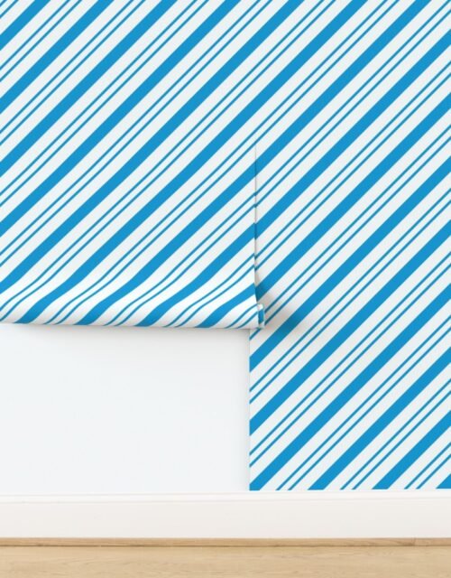 Classic Blue Diagonal Christmas Candy Stripes Wallpaper