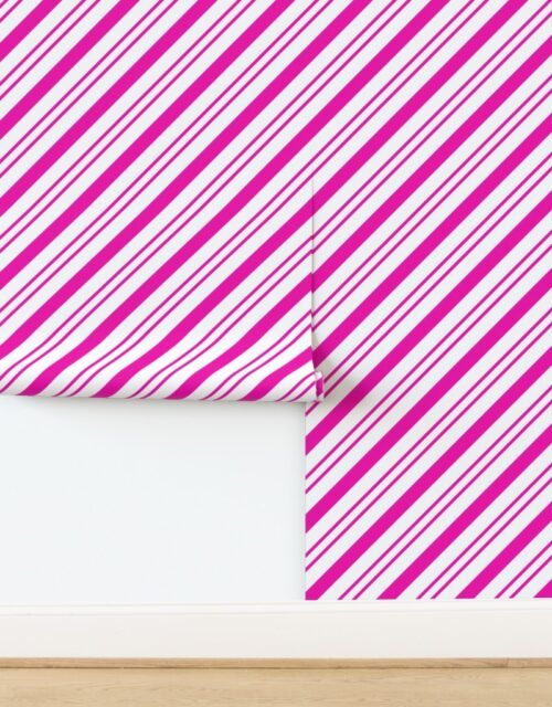 Classic Pink Diagonal Christmas Candy Stripes on White Background Wallpaper