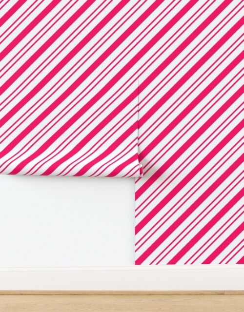 Classic Bright Pink Diagonal Christmas Candy Stripes on White Background Wallpaper
