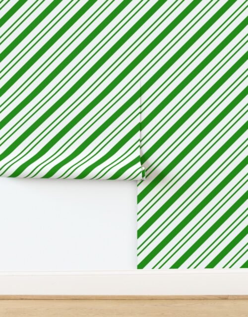 Classic Green Diagonal Christmas Candy Stripes on White Background Wallpaper