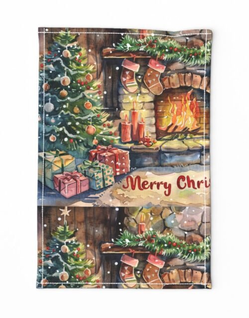 Tea Towel in Christmas Tea Towel with Holiday Hearth Scene Wallpaper