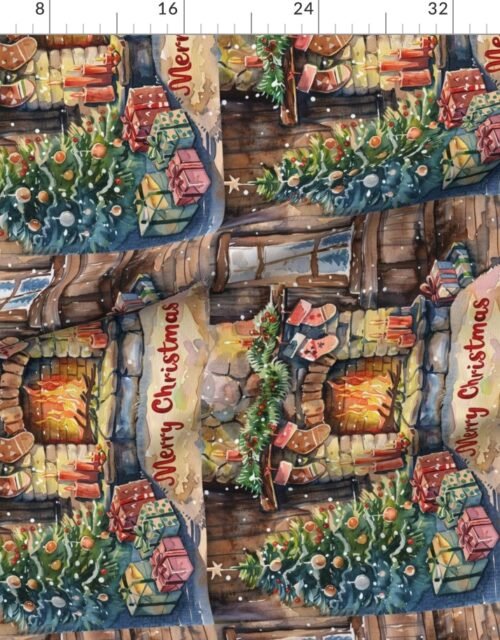 Fabric in Christmas Tea Towel with Holiday Hearth Scene Fabric