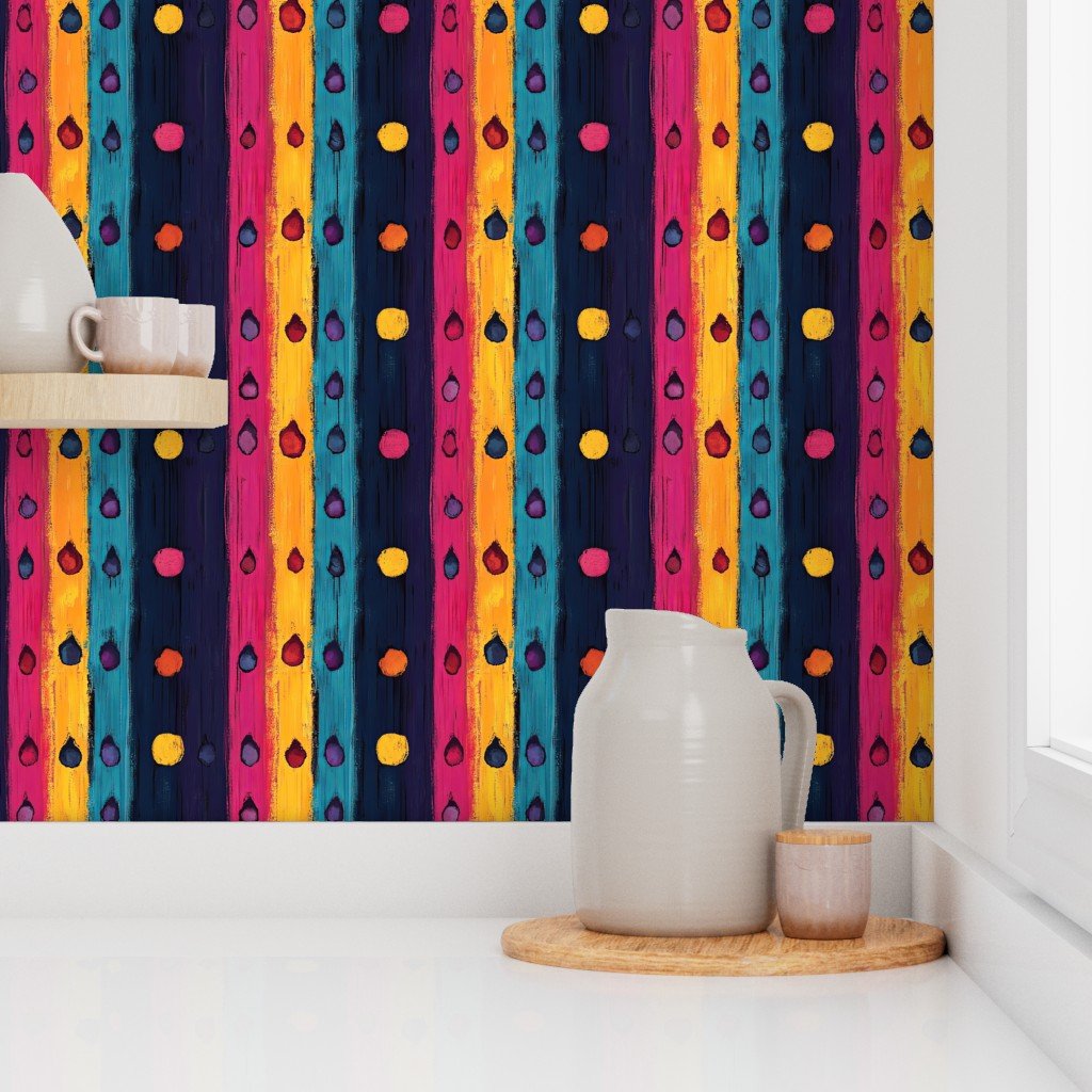 Dashiki Fusion Colorful Brushstrokes with Dots Yellow Teal and Pink Wallpaper
