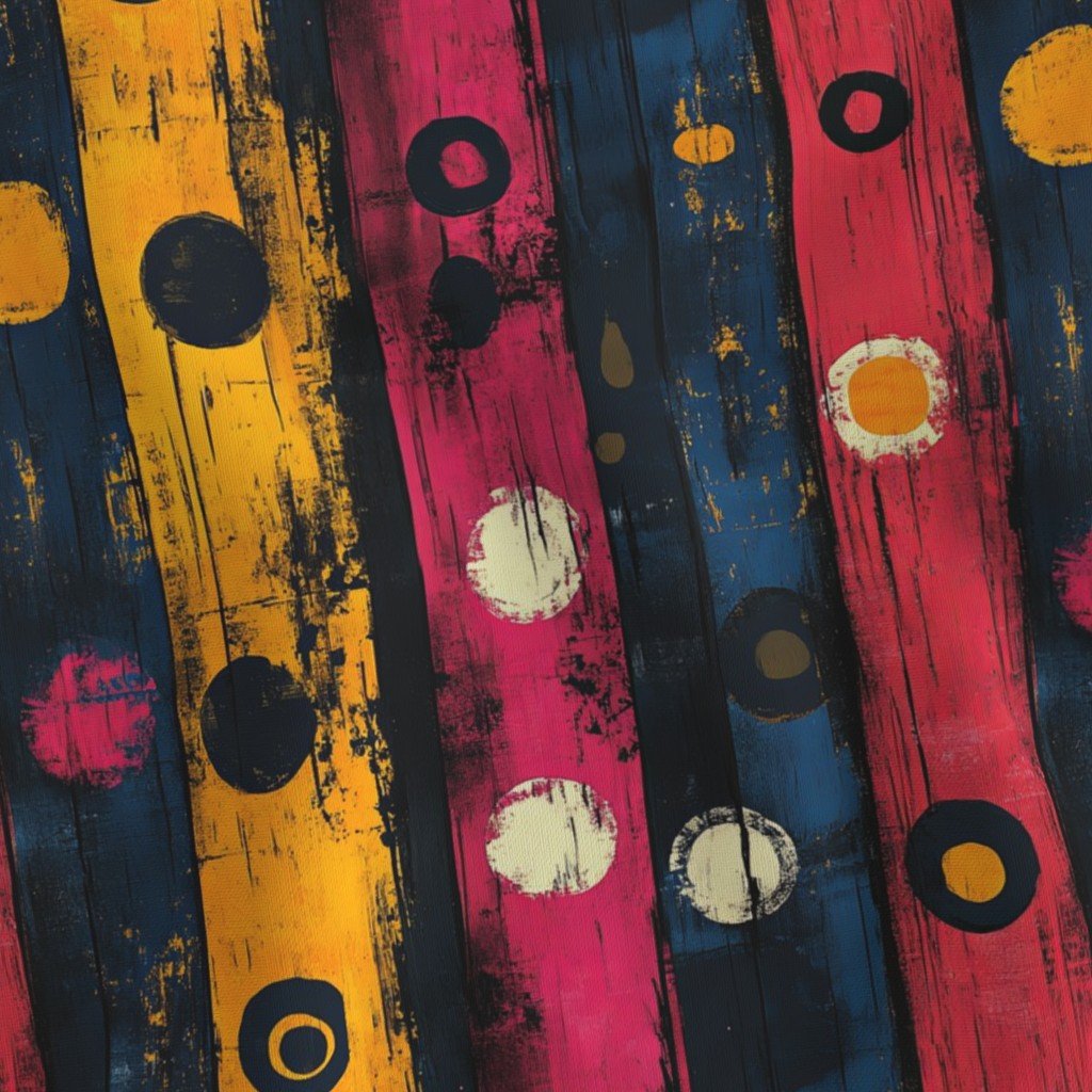 Fabric in Dashiki Fusion Bold Circles Yellow Pink and Blue on Black Fabric