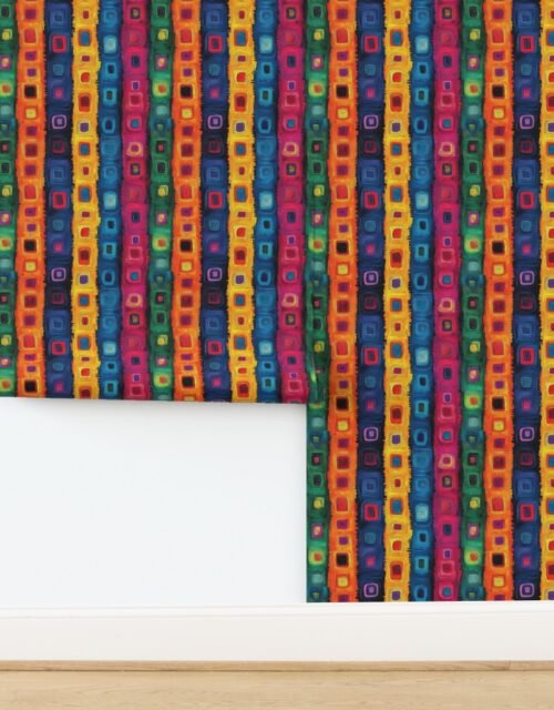 Dashiki Fusion Colorful Squares Green Orange Blue and Pink Wallpaper