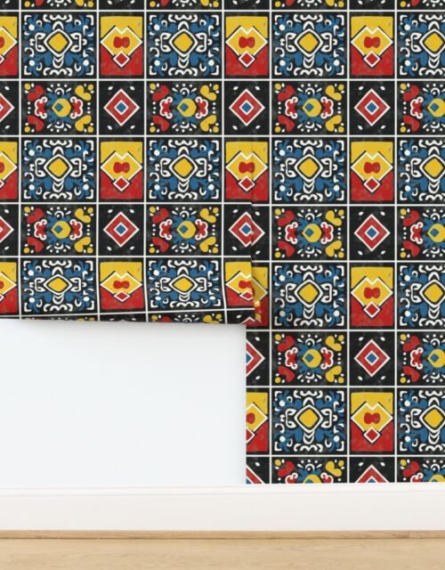Dashiki Fusion Bold Geometric Yellow Red and Blue on Black Wallpaper